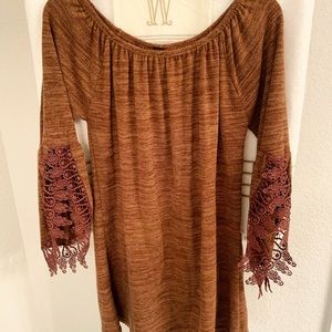 Off the shoulder brown dress w/ lace bell sleeve